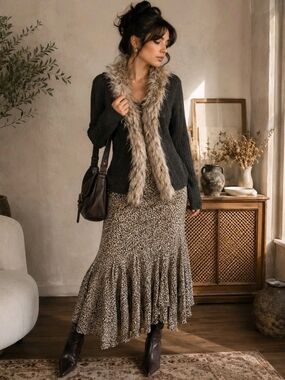 Brown Faux Fur Trimmed Cardigan Retro Petite Size PS Boho Cozy Indie Bohemian